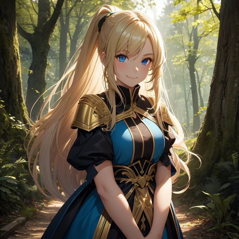 Girl,blond and straight and long hair in a ponytail, huge , blue eyes, leaning to a tree in a forrest, big smile, thight dark fighting dress with gold decorations, very visible, half naked, age of 25