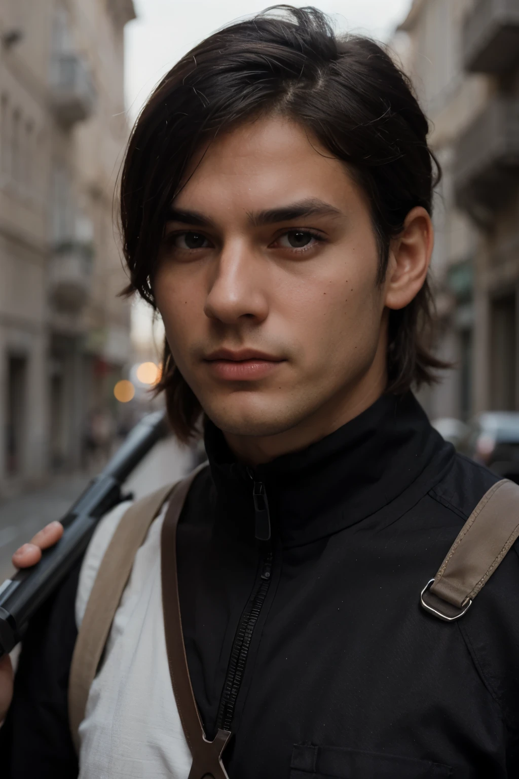 An italian handsome midium-lenght black hair man, solider with sniper rifle 28 yo