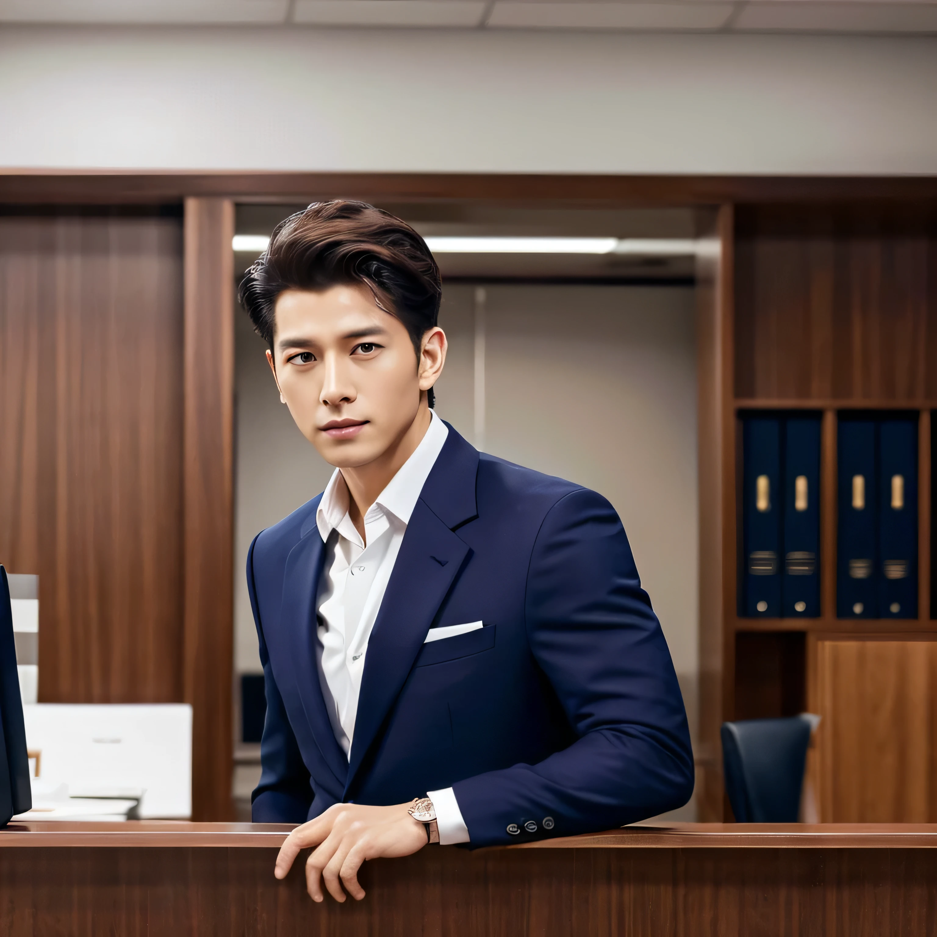 handsome president　30th Generation　Wearing a suit　Luxury suits　Navy blue suit　short hair　Strong looking man　Cool guy　Background in the office　Only the upper body is shown　Facing forward　high resolution　Picture-like image　　