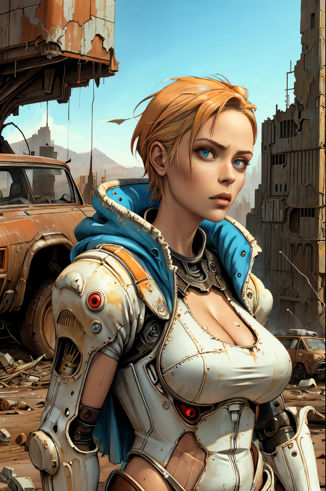 post-apocalyptic art, Alexis Texas as a beautiful madmax woman in a white and red cybernetic suit, short blonde hair, blue eyes, detailed skin texture, detailed cloth texture, beautiful detailed perfect face, she is in a desert city amid wrecked cars and ruined buildings, intricate sharp details, ultra high resolution, professional ominous, an intricate, elegant and highly detailed digital painting, conceptual art, soft and sharp focus, illustration, in the style of Enki Bilal