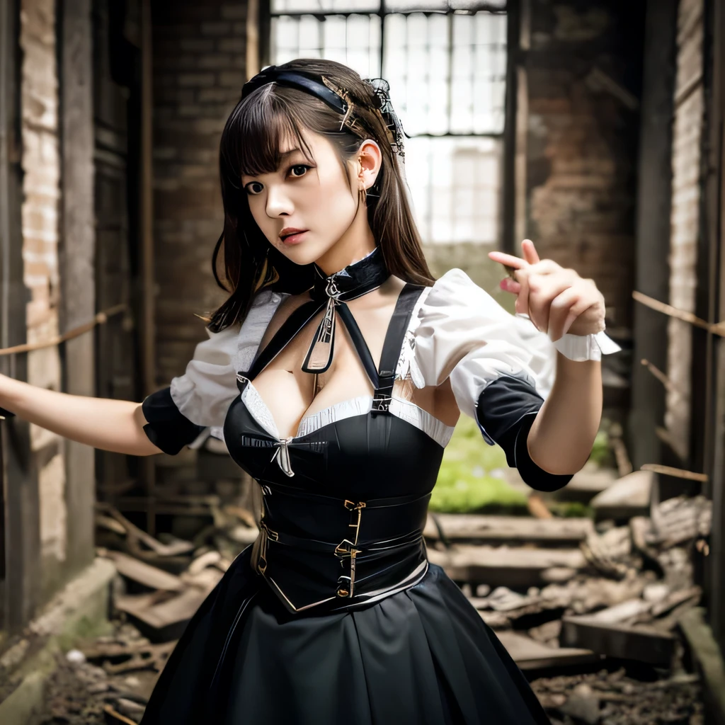 Masterpiece、One Woman、Black combat maid outfit、battlefield、Handgun in right hand、detailed、highest quality、Pretty face、Detailed face、Brunette Hair、Bondage、Bobcut、The whole body is shown、Fighting Maid、Destroyed building、detailedなBlack combat maid outfit