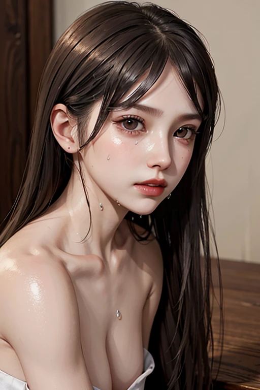 (from side), small breasts, sideboob, (flat chest), (drooling), (wet), (expressionless), (tears), looking_at_viewer, fashion trendy beautiful beautiful beautiful girl, gentle and attractive Chinese beautiful girl, 10 years oldnd sexy collarbone, Attractoval face, double eyelids, smart peach blossom eyes, pink lips, small nose, bare shoulders, focus on the face, chest close-up, ultra high definition, super detail, fresh and impressive