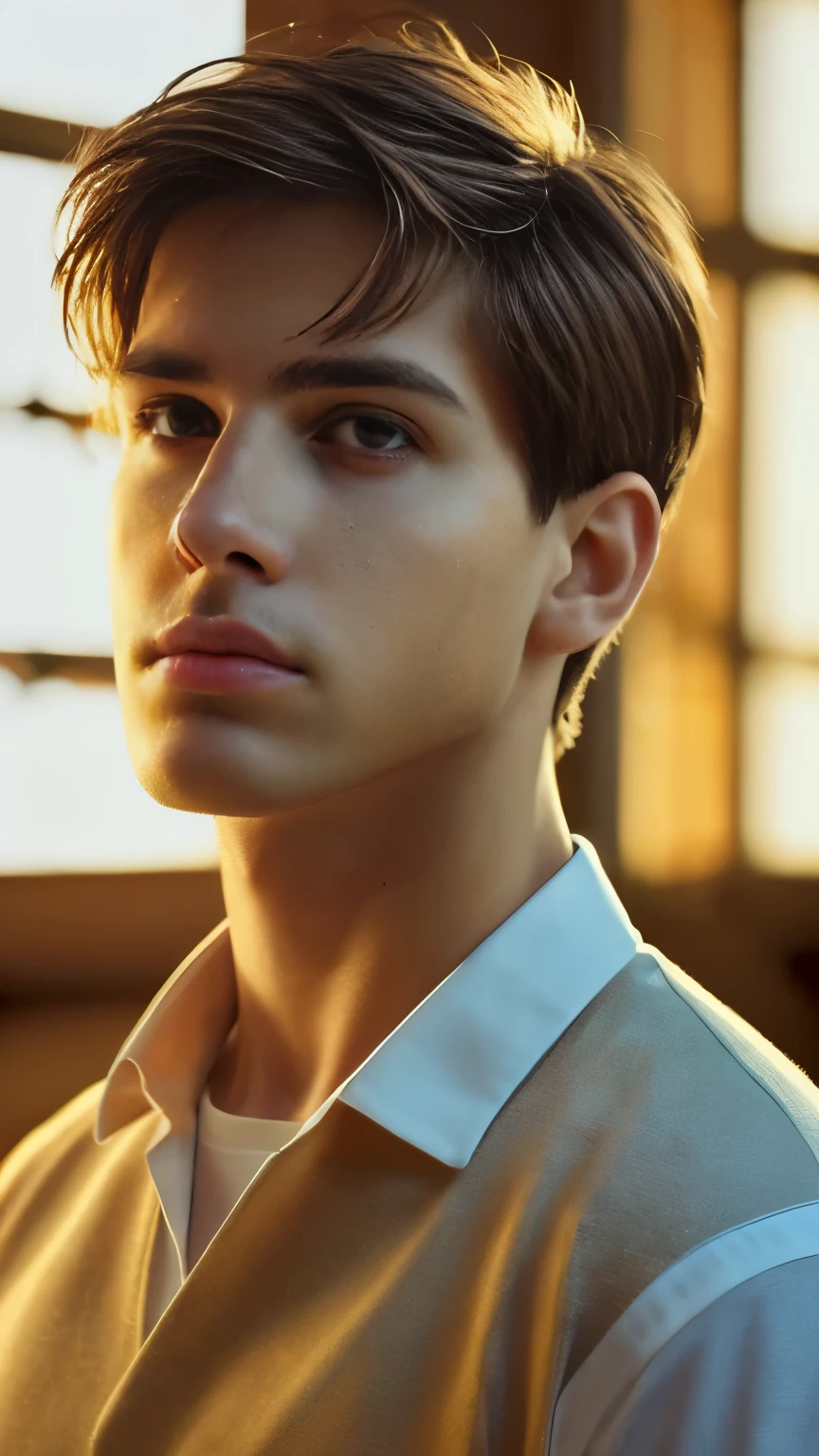 (best quality,masterpiece,ultra high res,photorealistic:1.4),raw photo,1 boy,handsome with dark brown hair and hazel eyes,cinematic lighting,expressive facial features,strong jawline,golden sunlight illuminating the scene, Luxurious room with calm colors at the back,thoughtful expression on his face,visual depth and clarity,crisp details on every strand of hair and every facial feature.