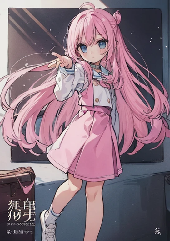 Beautiful illustrations, highest quality, (:1.4)、(pretty girl:1.5)、、Flat Chest、Sailor collar、(White long tunic)、Long sleeve sailor suit、Blue-line cuffs、(Pink Chino Shorts:1.7)、(Pink shorts with wide openings:1.6)、Gap between thighs and shorts、Thin thighs、White socks、 Cinema Lighting, (Pink Long Hair)、Pink Straight Hair、Redness on the cheeks、(Braiding of the back of the head)