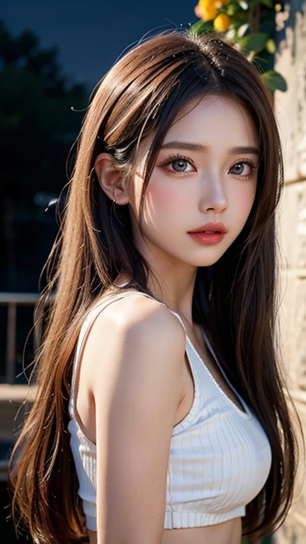 (best quality, realistic:1.2), very detailed, professional, bright colors, Portrait, Beautifully detailed eyes, Beautifully detailed lips, Long eyelashes, silky white hair, seductive pose, purple glowing eyes, modern crop top, Flow skirt, Softly parted lips, natural blush, night scene, blooming flowers, warm sunlight