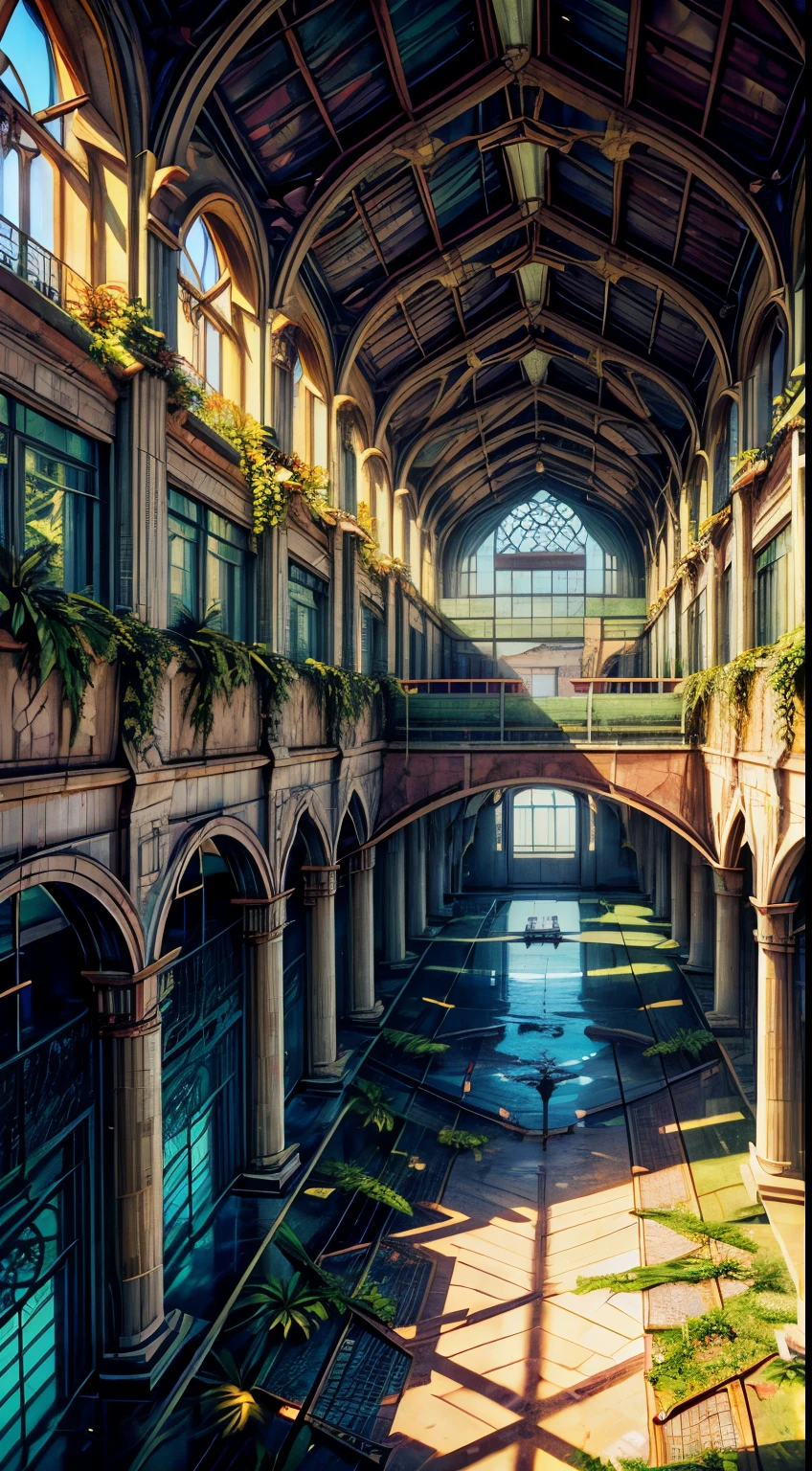 Large fantasy abandoned mall, flooded floor, glass ceiling, upstairs viewpoint with parapet, trees, vines, orchids, bromeliads, palm trees, ornaments, golden, many plants, tropical plants, marble walls, dynamic light, 8K, masterpiece, ultra detailed, beautiful.