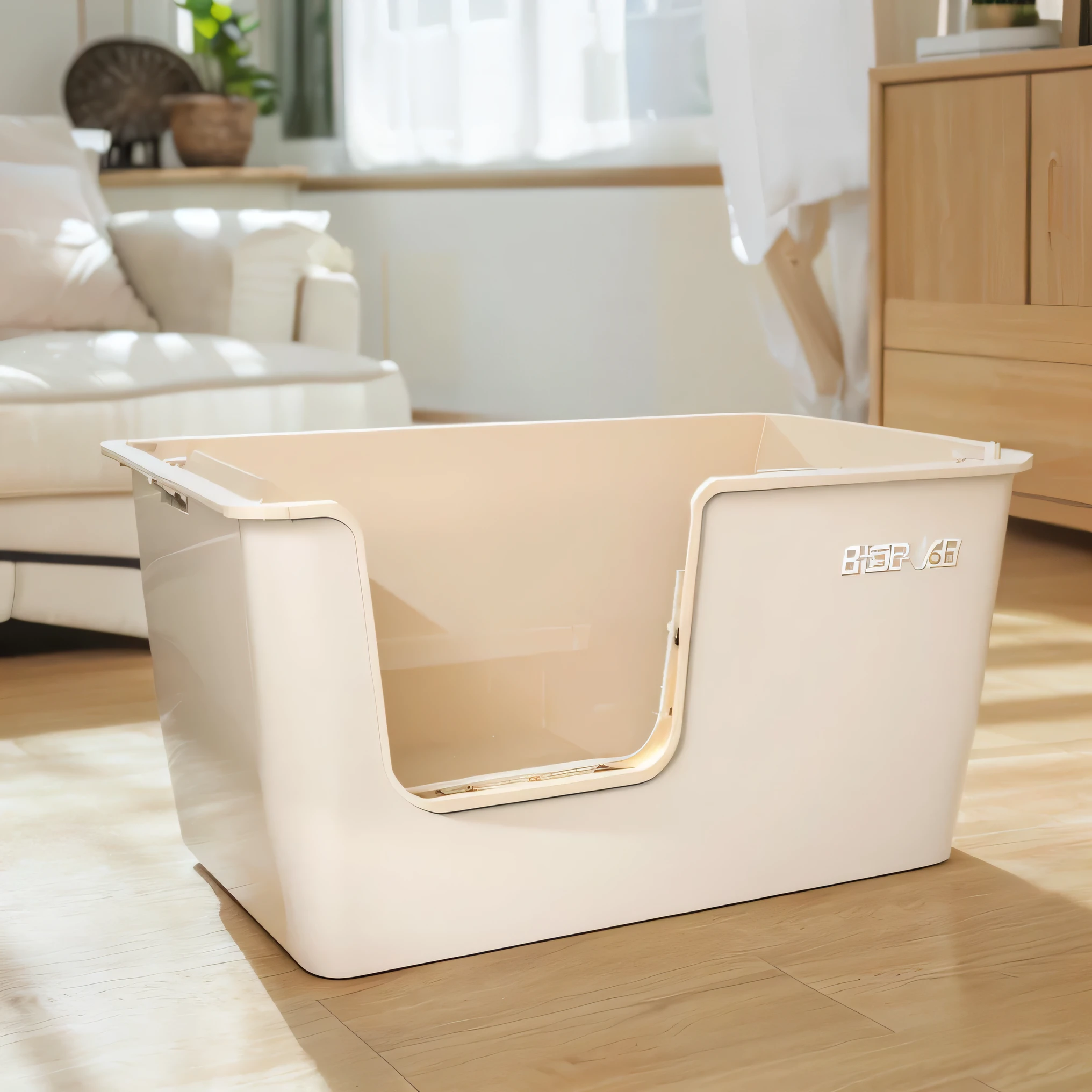 A cat is standing in the background of the living room, blur background，Bottom Angle, Detailed enlargement of photo, detailed picture, product photo, Detailed shooting, Official Product Image, Product Image, Full length view.  official product photo, A big one, Designed for comfort and aesthetics!, dramatic. High-quality images, Luxury，There is a beige cat litter box on the wooden floor，Natural light and shadow，Hyper-realistic scenes，Product Image，Photographs，High-end
