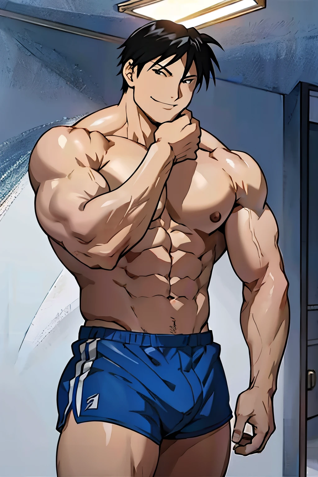 Roy Mustang from Full Metal Alchemist, wearing swimsuit, smug smile, bodybuilder, defined body, posing, shirtless, abs, big legs, white empty room