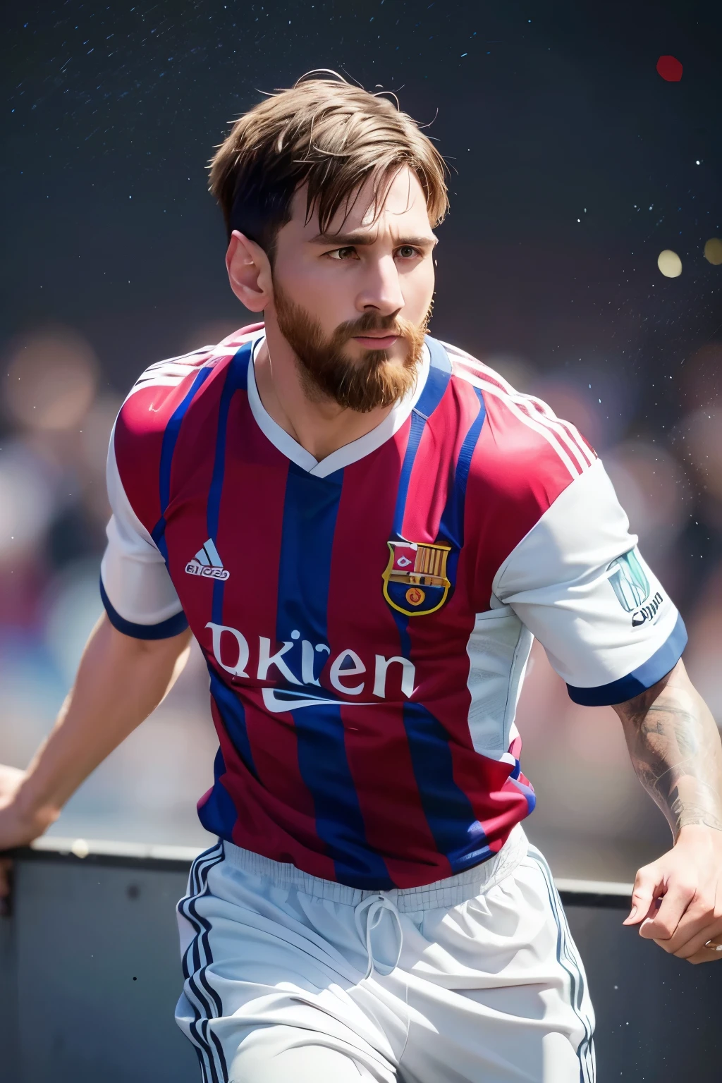 "Craft a mesmerizing illustration of Lionel Messi that captivates viewers with its beauty and depth. Seamlessly blend realism with artistic interpretation to bring Messi's essence to life on the canvas. Pay meticulous attention to detail, capturing every aspect of Messi's distinctive features, from his piercing eyes to his trademark hairstyle. Place Messi in a scene that reflects his unparalleled skill and passion for the game, whether he's dribbling past defenders, celebrating a goal, or showcasing his finesse with the ball. Use a vibrant color palette and dynamic composition to infuse the artwork with energy and excitement, drawing viewers into Messi's world. The goal is to create a stunning masterpiece that not only honors Messi's legendary talent but also evokes a sense of wonder and admiration for the football icon
