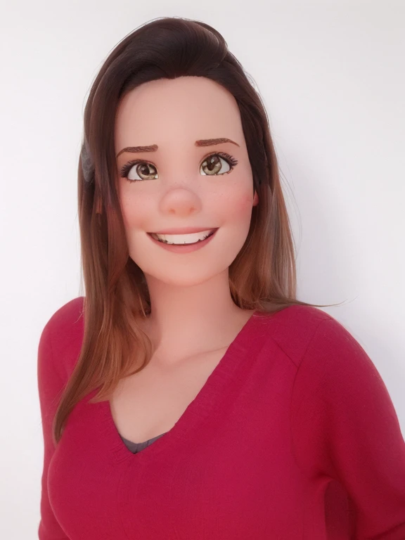 Mulher sorridente, alta, com brincos discretos, cabelo longo castanho, nariz afinado, sobrancelhas arranjadas, olhos castanhos, estilo Disney Pixar, de alta qualidade