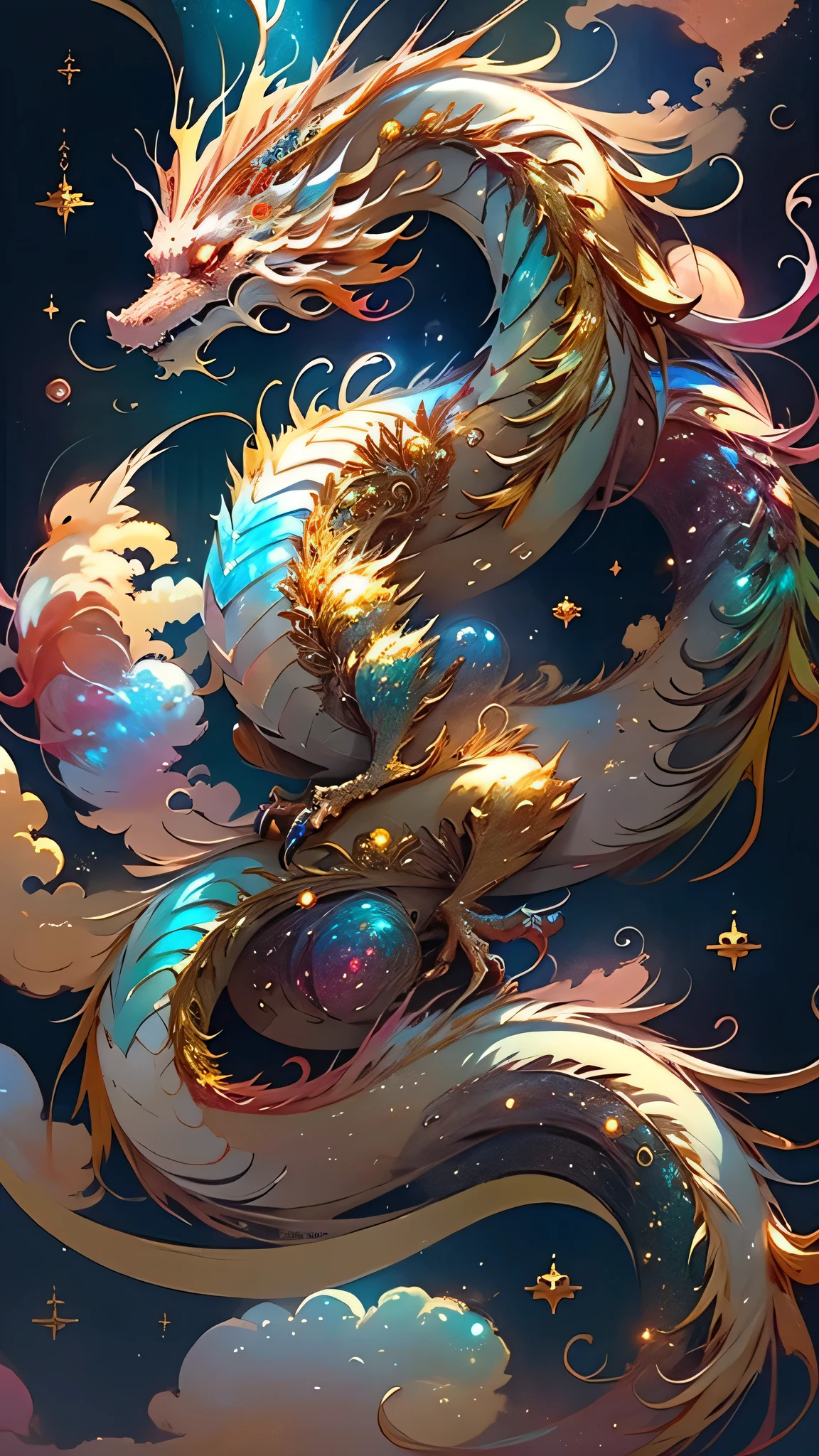 Golden Dragon。Rainbow glowing scales。The dragon god is coming。Golden Splash、milky way、god々々right、Staring straight ahead、Redbeard