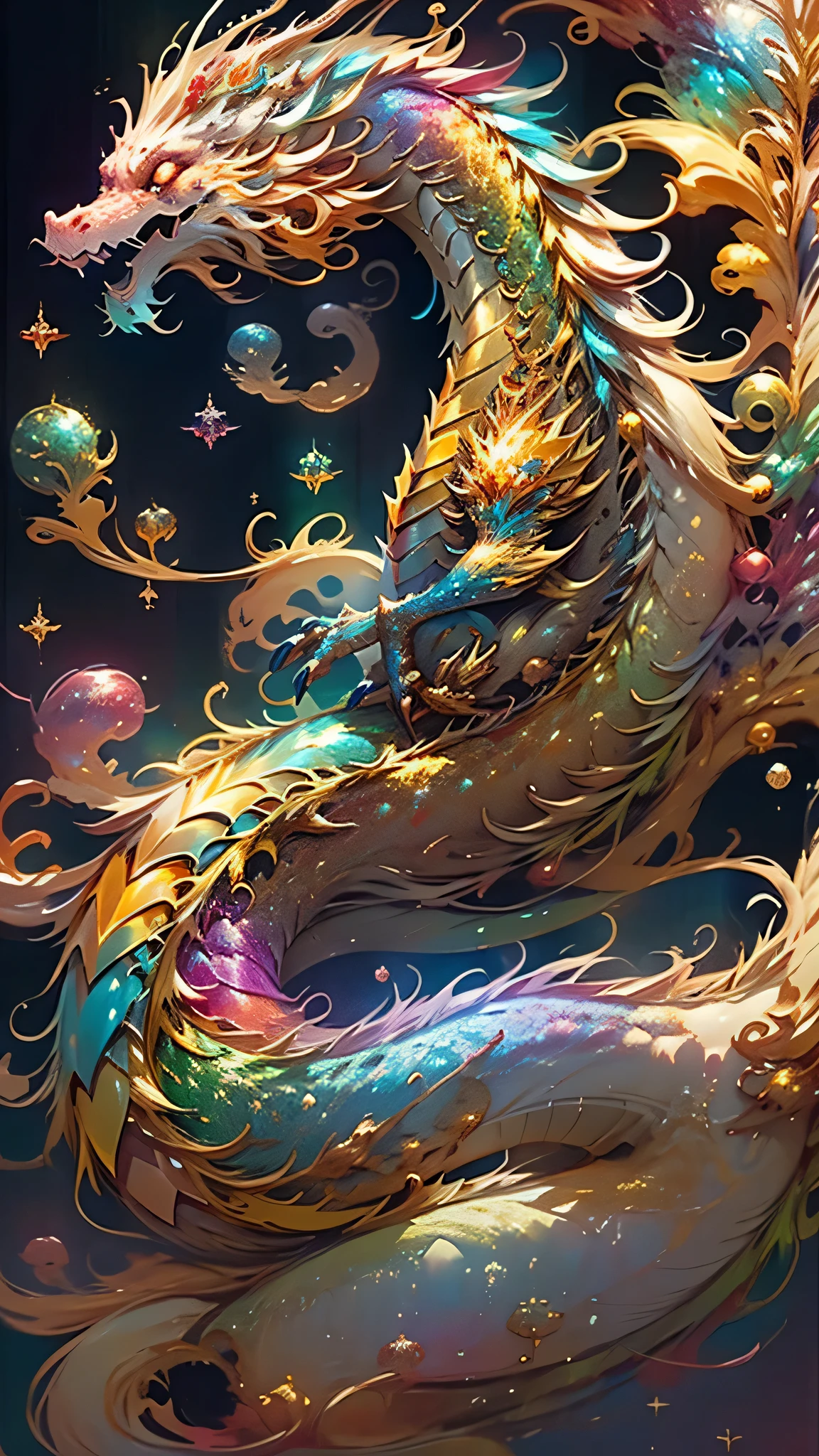 Golden Dragon。Rainbow glowing scales。The dragon god is coming。Golden Splash、milky way、god々々right、Staring straight ahead、Redbeard
