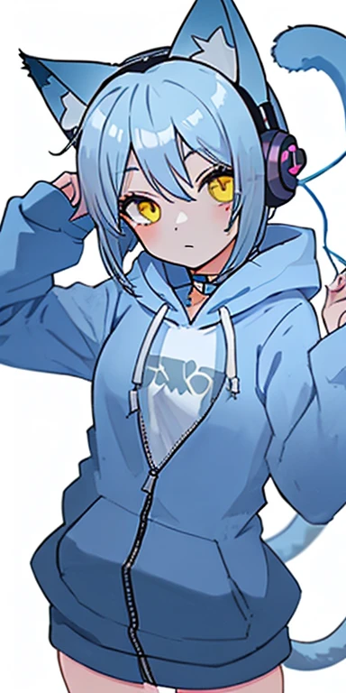 Game girl, bob, light blue hair, zip-up hoodie, fish pin, yellow eyes, cat ears, headphones, transparent background, cute girl