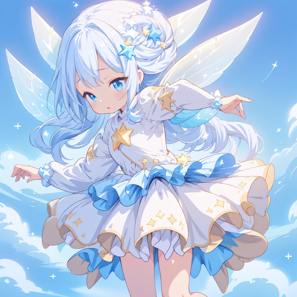 1girl,Ultra-fine、Super beautiful、masterpiece、highest quality、Masterpiece、Official Art、16k、(((Ride a star-shaped flying vehicle　Star Fairy)))、Milky white and blue gradient long hair,purifierai,kawaii tech,pop style