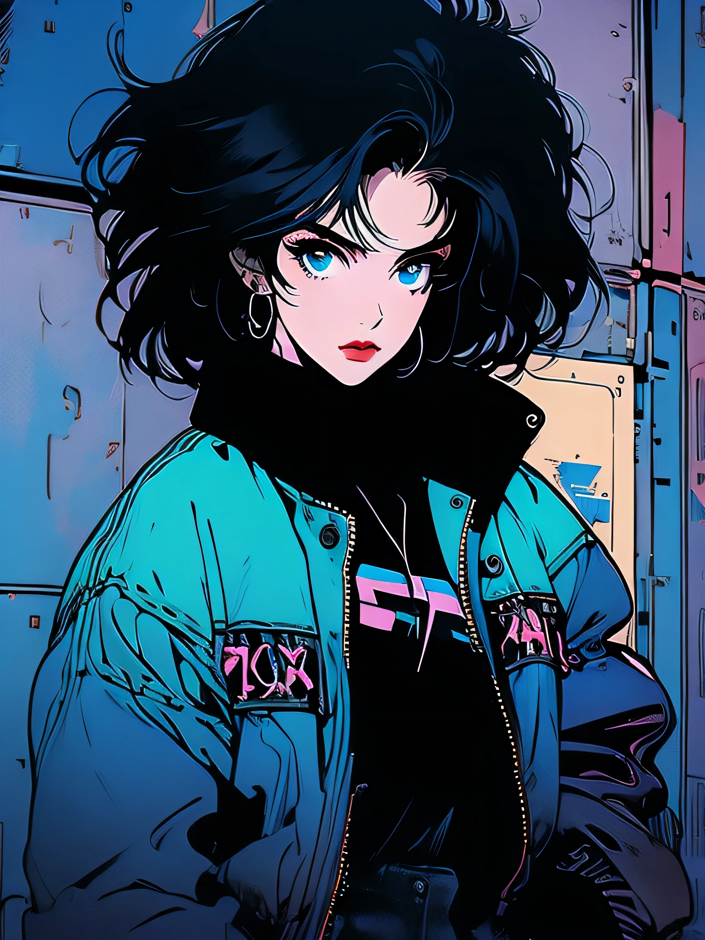 one Female Futuristic punk rocker, co-owner of Stellar Travelers named Luna,Pale skin color,Wild haircut,Jet black hair,Electric blue eyes, a Black leather jacket, ripped black leather pants, Art style by Yoshikaki Kawajiri