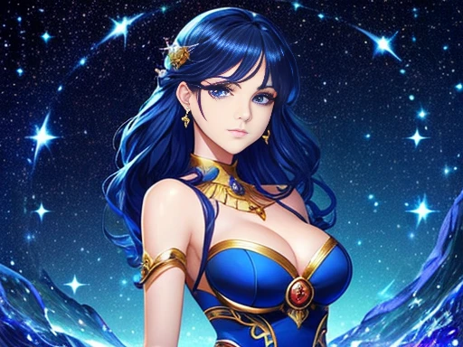 ( absurd , high quality , Super detailed, Be careful with your hands )Zodiac sign- Aries goddess , similar to latin goodness . optimistic, fair, Funny and intelligent face . reckless, ruthless, impatient, Overconfident style . Deep blue eyes (Eye details) , Dark blue hair,shining , Sheer dress , In the starry sea , whole body , Fire , Chiron,fishing