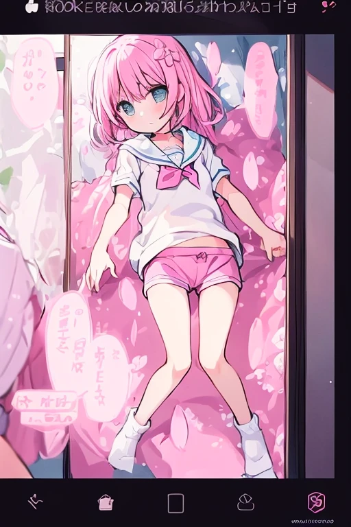 Beautiful illustrations, highest quality, (12-year-old girl:1.4)、(pretty girl：1.5)、、Flat Chest、Sailor collar、(White long tunic)、Long sleeve sailor suit、Blue-line cuffs、(Pink Chino Shorts：1.7)、(Pink shorts with wide openings：1.6)、Gap between thighs and shorts、Thin thighs、White socks、 Cinema Lighting, (Pink Long Hair)、Pink Straight Hair、Redness on the cheeks、(Braiding of the back of the head)
