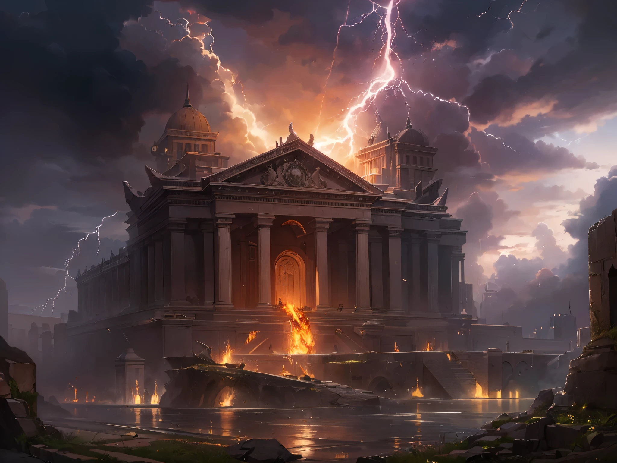 ((highest quality)),(Ultra-high resolution),(Very detailed),(Detailed Description),((The best CG)),(A masterpiece),Ultra-precise art,Amazing drawing art,(Art with precise detail:1.5), (Female angels:1.3), Lightning tears through the darkness and sets the wind ablaze, Lightning illuminates the ruined temple,