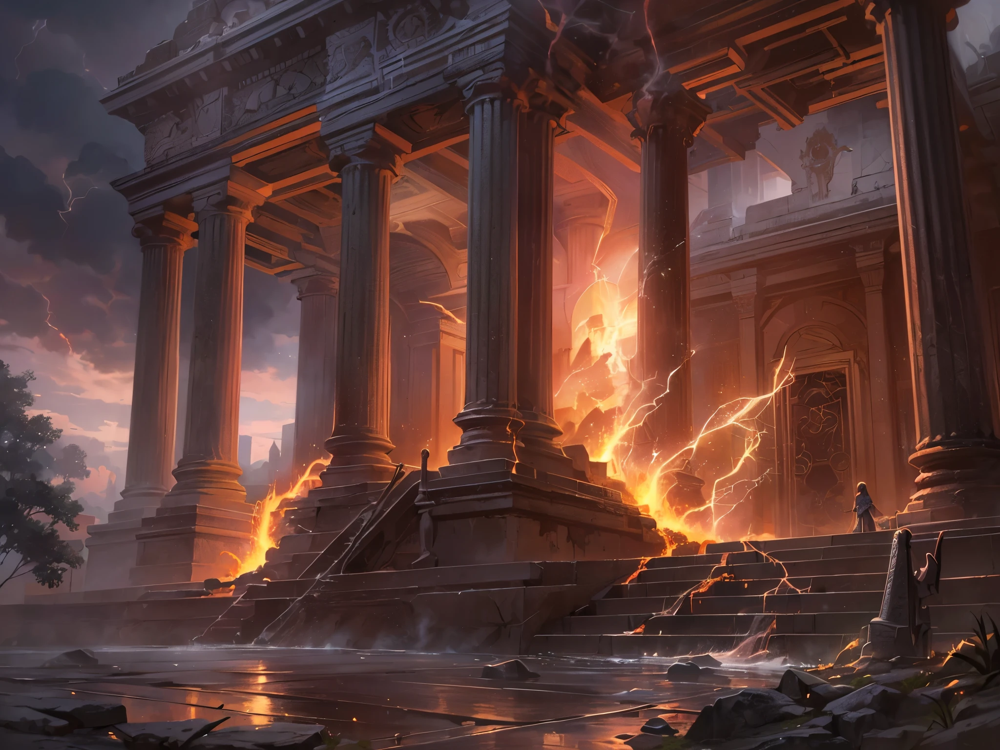 ((highest quality)),(Ultra-high resolution),(Very detailed),(Detailed Description),((The best CG)),(A masterpiece),Ultra-precise art,Amazing drawing art,(Art with precise detail:1.5), (Female angels:1.3), Lightning tears through the darkness and sets the wind ablaze, Lightning illuminates the ruined temple,