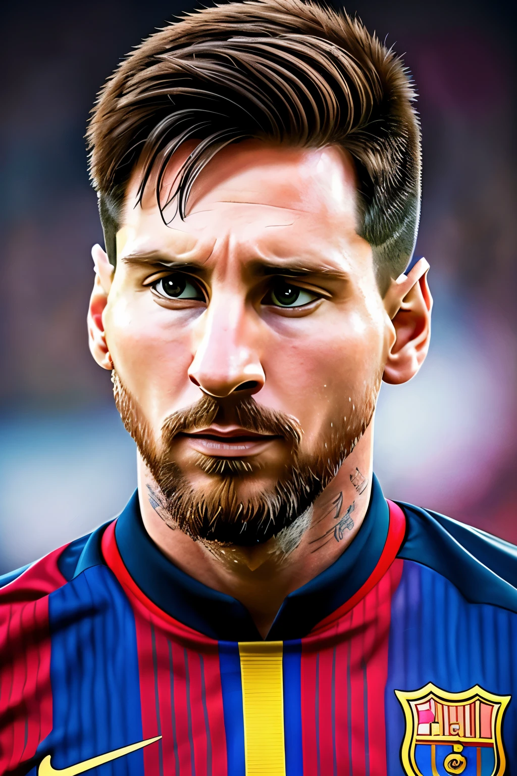 "Craft a mesmerizing illustration of Lionel Messi that captivates viewers with its beauty and depth. Seamlessly blend realism with artistic interpretation to bring Messi's essence to life on the canvas. Pay meticulous attention to detail, capturing every aspect of Messi's distinctive features, from his piercing eyes to his trademark hairstyle. Place Messi in a scene that reflects his unparalleled skill and passion for the game, whether he's dribbling past defenders, celebrating a goal, or showcasing his finesse with the ball. Use a vibrant color palette and dynamic composition to infuse the artwork with energy and excitement, drawing viewers into Messi's world. The goal is to create a stunning masterpiece that not only honors Messi's legendary talent but also evokes a sense of wonder and admiration for the football icon