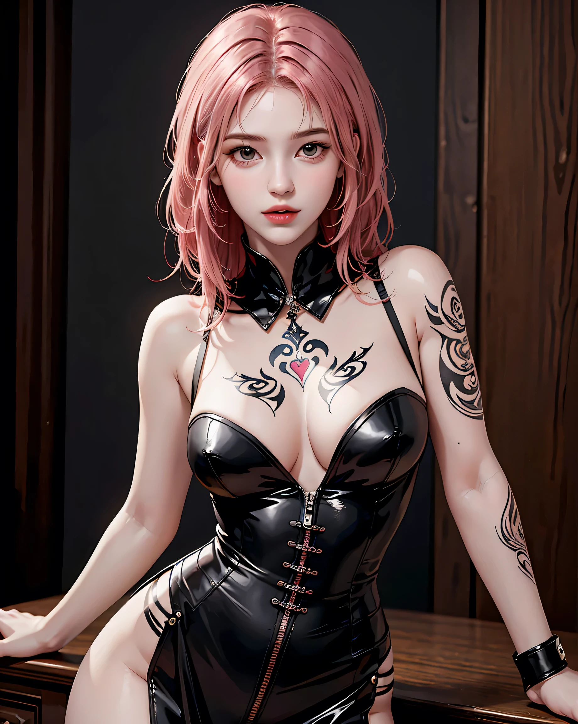 (Random Porn Pose),(Random Hairstyles),(Best image quality,(8k),Ultra-realistic,最high quality, high quality, High resolution, high quality,Attention to detail,Beautiful details,Fine details,Highly detailed CG,Detailed Texture,Realistic facial expression,masterpiece,Presence),Bodysuits,stockings,Pink Hair, ,, (((Tight waist))), ((Big Breasts)),(See-through),(((He has many tattoos all over his body)),