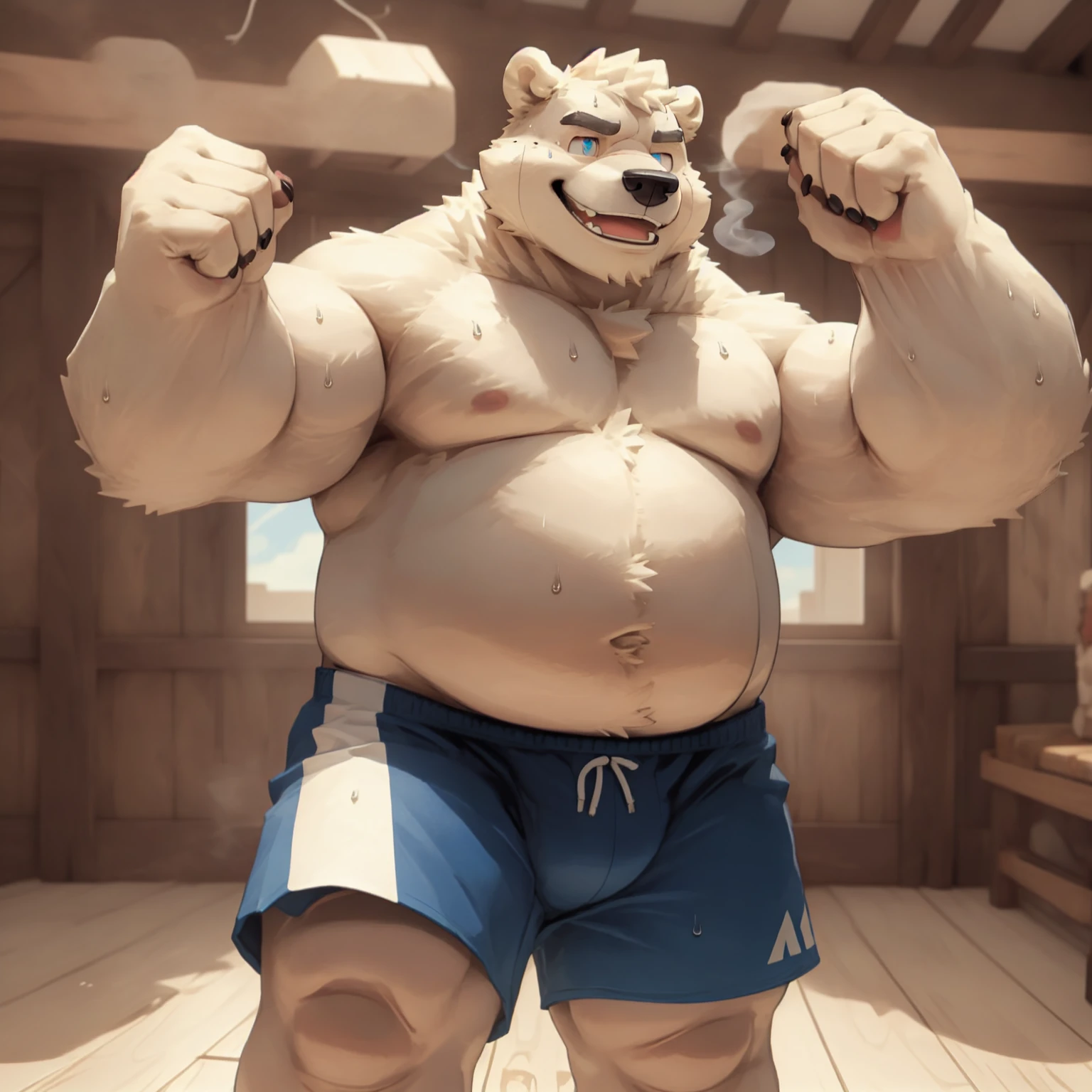 New Jersey 5 Furry,polar bear,portrait,Unique,Exquisite, Chubby,Fat,Thick arms,Rugged muscles,White plush fur,Topless,Chubby脸,Black eyebrows,Sky blue eyes,Beard,indoor,Wooden floors,shorts,fitness,Showing off biceps,Sweating,Hot vaporization,A proud smile,Looks energetic