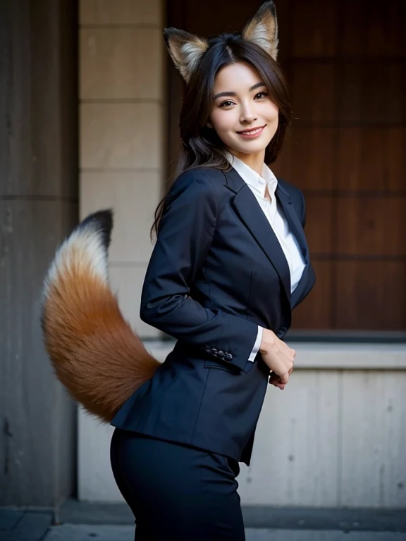 ((highest quality, 32k)), ((masterpiece)), (Get used to it), Perfect Face, Fox Girl, Beautiful woman, public, There is a tail, she has a fox tail, She wags her fluffy tail, smile, collar, She wears a business suit, Beautiful hip line, A tail sticking out from a business suit, Large Breasts, Big Ass
