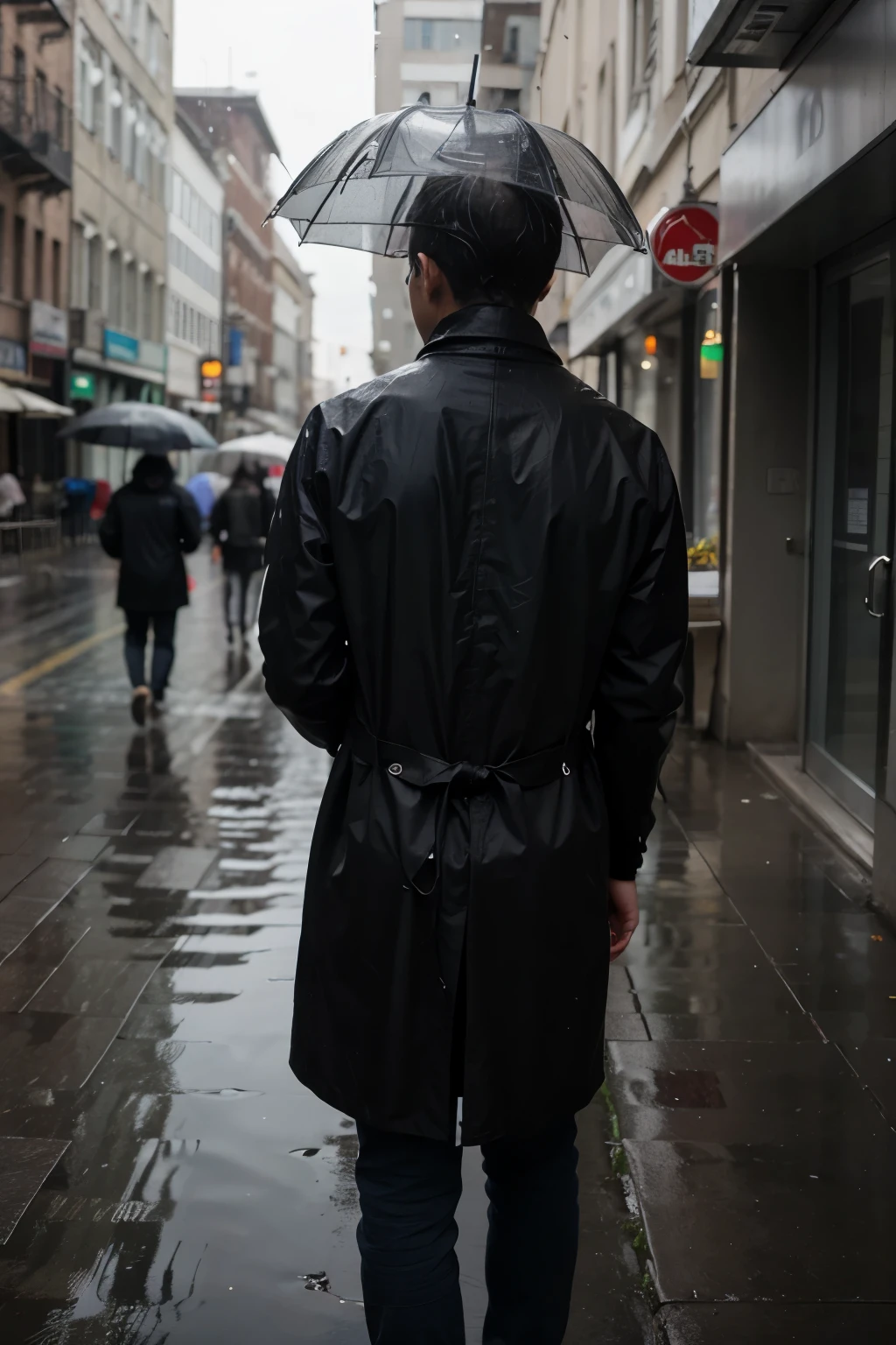 Best quality, masterpiece, super high resolution, far far away A boy is standing under the rain, we can only see his back,he turned away, black cothes with glass, umbrella