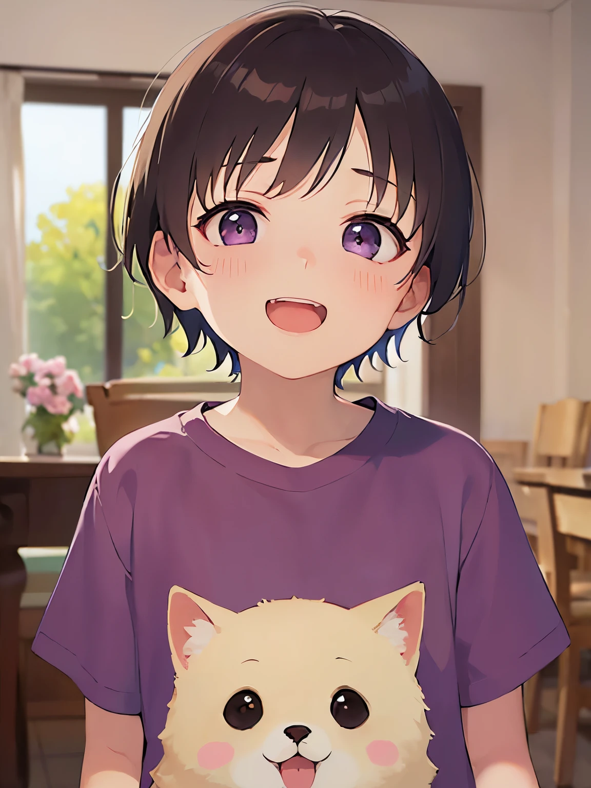 (looking away:1.5), 、masterpiece、highest quality、 (Short hair with brown bangs) and (Purple eyes) and (5 year old boy:1.5)、Boy, (blue) and (T-Shirts)、smile、open mouth, Are standing、The background is the living room、The upper body is shown、Alone、