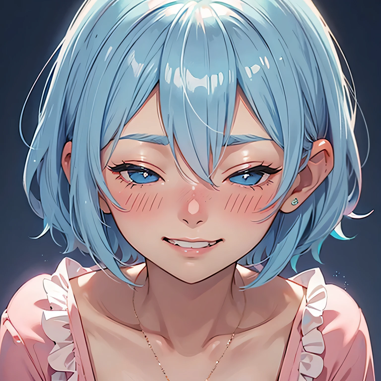 light blue hair, short hair, closed eyes, grin, embarrassed, ear blush, light blush, Pink clothes, Blue Eyes, close-up, first-person view, negative space
