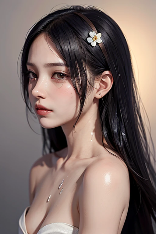 (from side), small breasts, sideboob, (flat chest), (drooling), (wet), (expressionless), (tears), looking_at_viewer, 10 years old fashion trendy beautiful beautiful beautiful girl, gentle and attractive Chinese beautiful girl, 10 years old, delicate and sexy collarbone, Attractive oval face, double eyelids, smart peach blossom eyes, pink lips, small nose, bare shoulders, focus on the face, chest close-up, ultra high definition, super detail, fresh and impressive