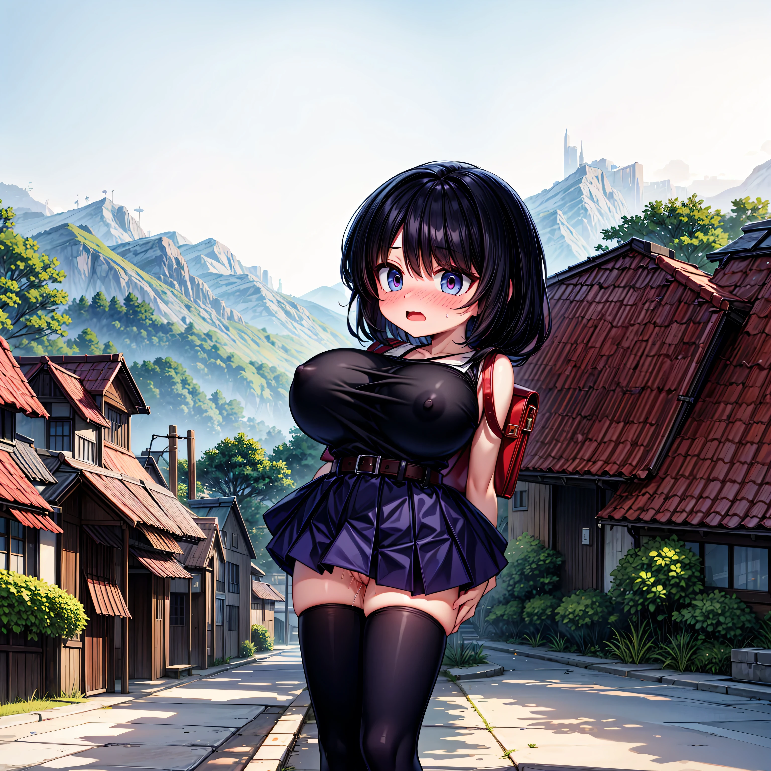 (solo), carrying a red satchel on her back, disproportionately huge breasts, (belt of satchel squeeze side of breasts), narrow waist, arms behind back, BREAK, very short skirt, black thighhighs, thigh gap, BREAK, landscape, bluesky, hazy mountains in distance, houses, red roofs, street, BREAK, nsfw, orgasm, nose blush, heavy breathing, open mouth, pussy juice