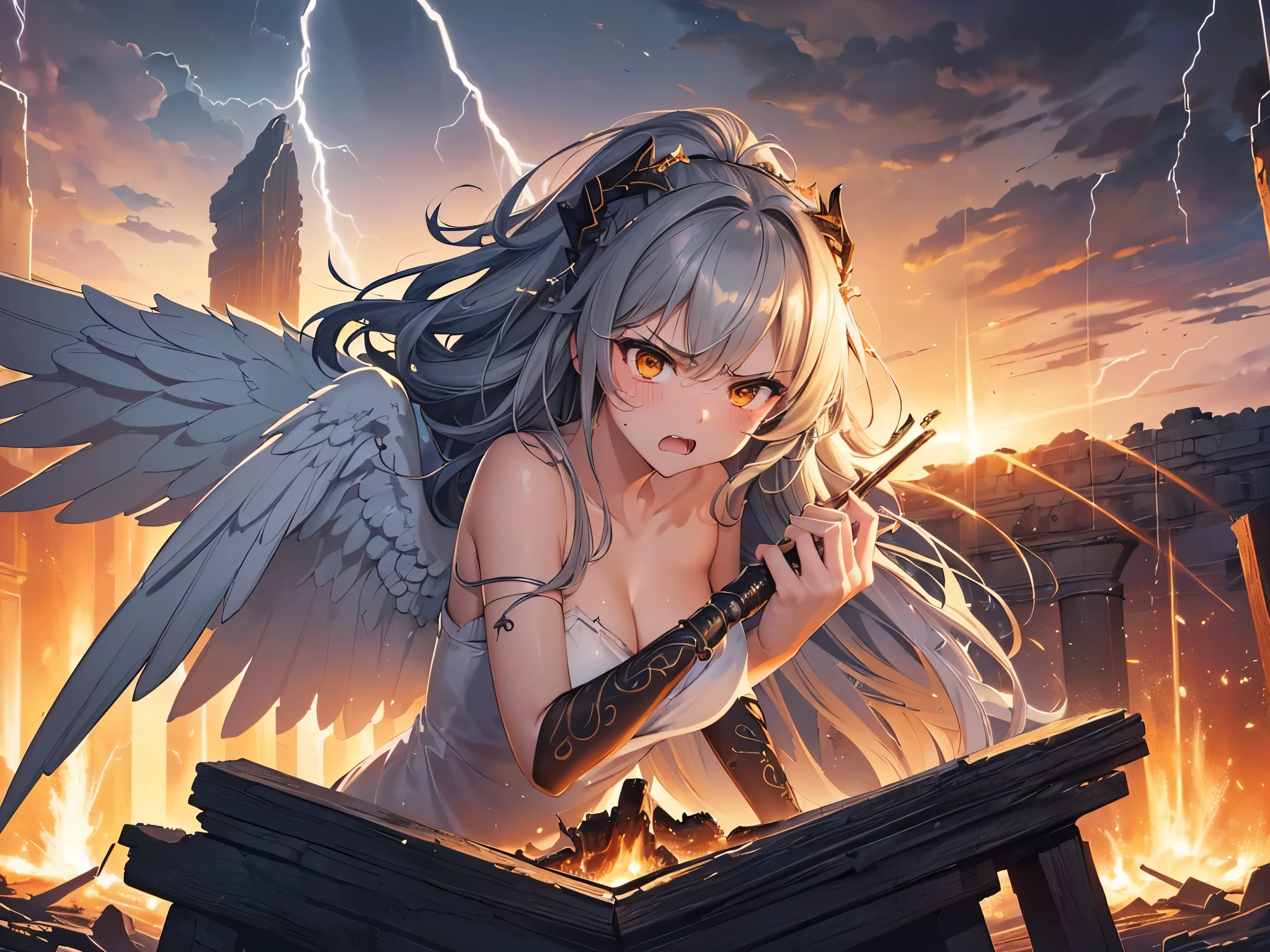 ((highest quality)),(Ultra-high resolution),(Very detailed),(Detailed Description),((The best CG)),(A masterpiece),Ultra-precise art,Amazing drawing art,(Art with precise detail:1.5), (Female angels:1.5),(Angry face:1.3), Lightning tears through the darkness and sets the wind ablaze, Lightning illuminates the ruined temple,