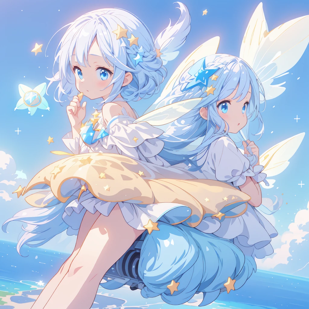 1girl,Ultra-fine、Super beautiful、masterpiece、highest quality、Masterpiece、Official Art、16k、(((Ride a star-shaped flying vehicle　Star Fairy)))、Milky white and blue gradient long hair,purifierai,kawaii tech,pop style