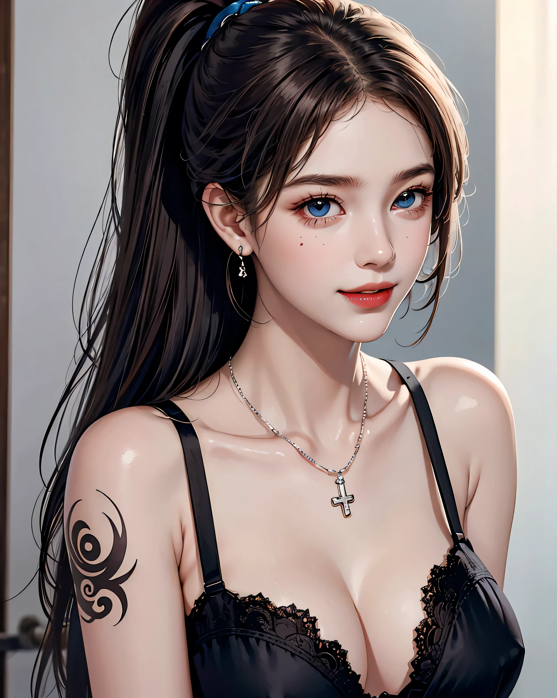 Urban beautiful girl college student, masterpiece, light makeup, Red lips, Silver Hair, Disheveled long hair, Street background, beautiful, elegant. Extremely fine detail, Master Works, Authentic texture, Realism in film lighting, Perfect job, 16k, High resolution, exquisite features,blue eyes、Japanese Idols、Beautiful face、Cute Smile、Brown Hair、beautiful hair、ponytail、glamorous、 Big Breasts、Erect nipples、Greasy muscles、Shiny skin、Sunburned skin、Glowing dark skin、Wearing a bra top and , Bright big eyes, Smooth skin, Earrings, necklace, tattoo