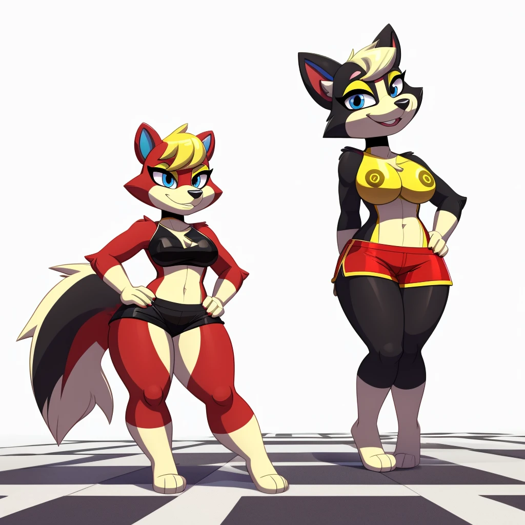 A Sexy black Anthro skunk wearing red shorts and has thick sexy thighs, standing on a Souless, lifeless, position and in a white background and hands on hips, and looking at a Yellow smiley ball on the floor, and in the STARTOONS animation aesthetic 