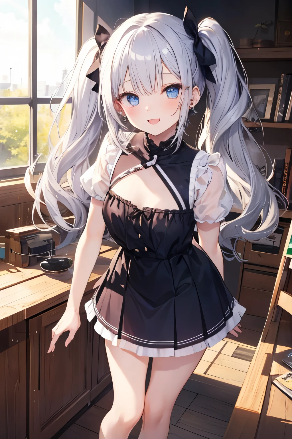 Silver-haired blue eyes、 girl、Small breasts、Twin tails、Laughter、Nico Nico Smile、Wink、 girl、Looks about 、Petan Musume、short、There are highlights in the eyes、Gal-like appearance、Wearing piercings、She leans forward and seduces、Knitted short-sleeved clothing、It&#39;s very hot and I&#39;m sweating