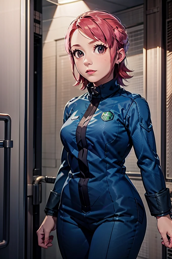 Mayl Sakurai reimagined as a vault dweller in vault doing maintenance, pipboy, pink hair, 26year old, vault dweller jumpsuit,milf, underground, indoor