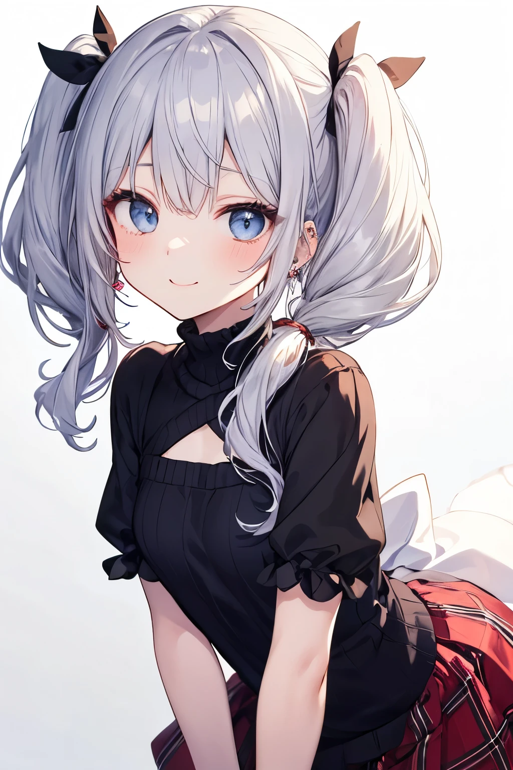 Silver-haired blue eyes、 girl、Small breasts、Twin tails、Laughter、Nico Nico Smile、Wink、 girl、Looks about 、Petan Musume、short、There are highlights in the eyes、Gal-like appearance、Wearing piercings、She leans forward and seduces、Knitted short-sleeved clothing、It&#39;s very hot and I&#39;m sweating