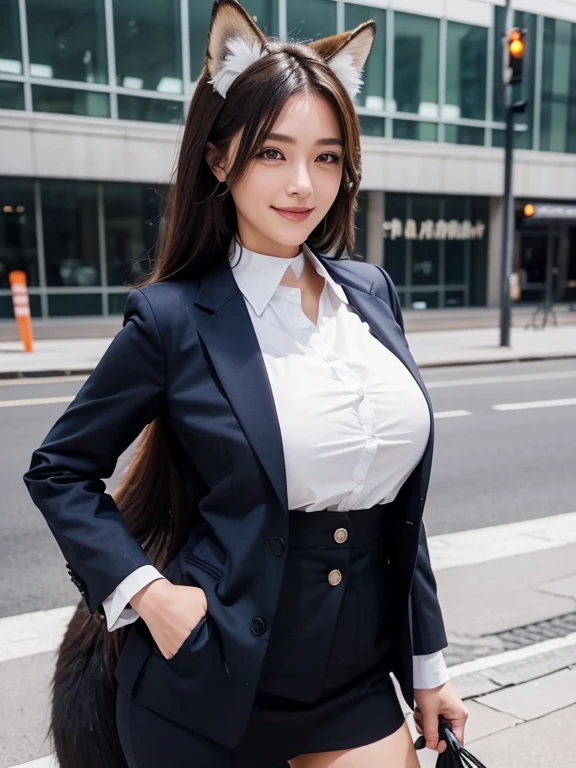 ((highest quality, 32k)), ((masterpiece)), (Get used to it), Perfect Face, Fox Girl, Beautiful woman, public, There is a tail, she has a fox tail, She wags her fluffy tail, smile, collar, She wears a business suit, Beautiful hip line, A tail sticking out from a business suit, Large Breasts, Big Ass