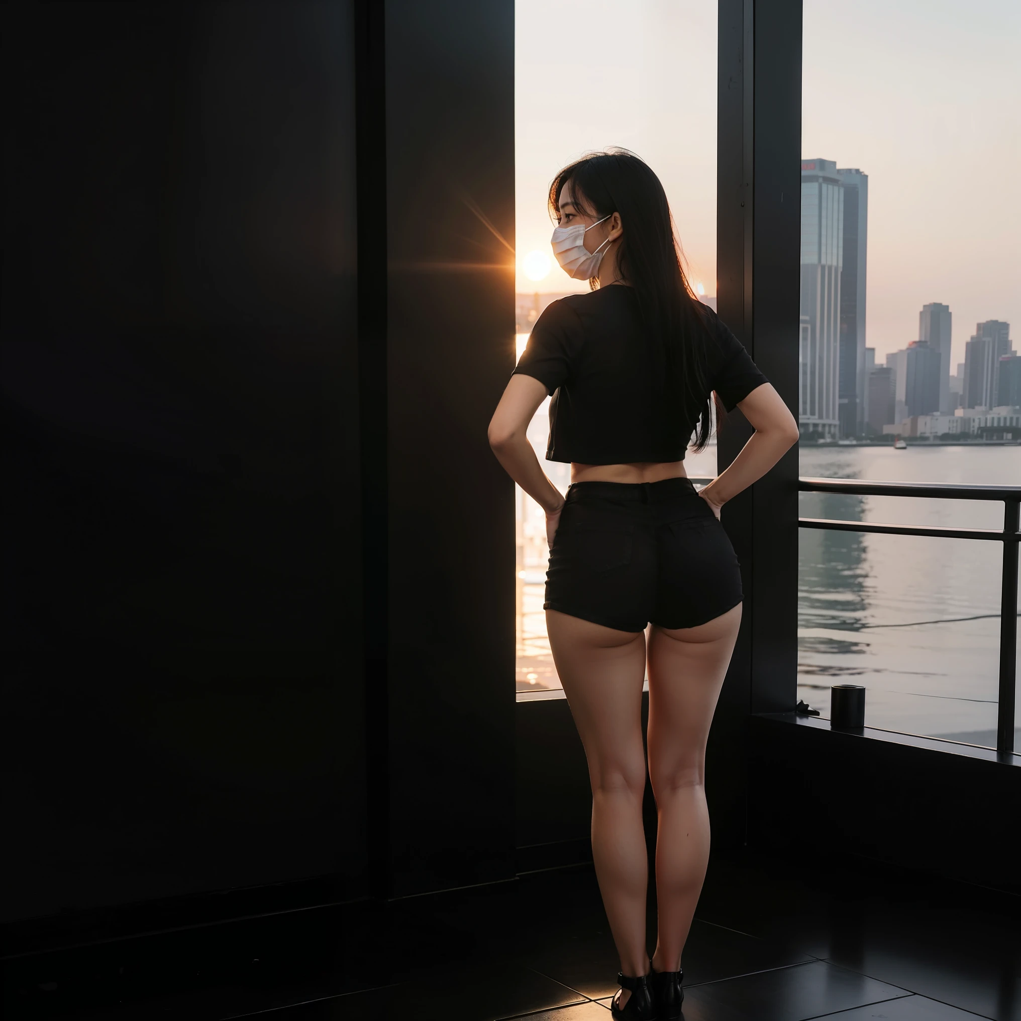 Wear black high waisted shorts,shirt,Plump butt,The back view is also attractive,Wear a mask,Full-body photos disappear,Sunset Cocktails