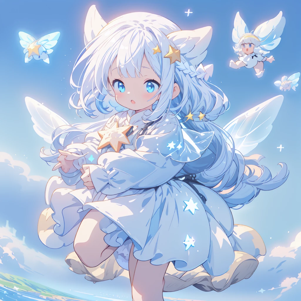 1girl,Ultra-fine、Super beautiful、masterpiece、highest quality、Masterpiece、Official Art、16k、(((Ride a star-shaped flying vehicle　Star Fairy)))、Milky white and blue gradient long hair,purifierai,kawaii tech,pop style