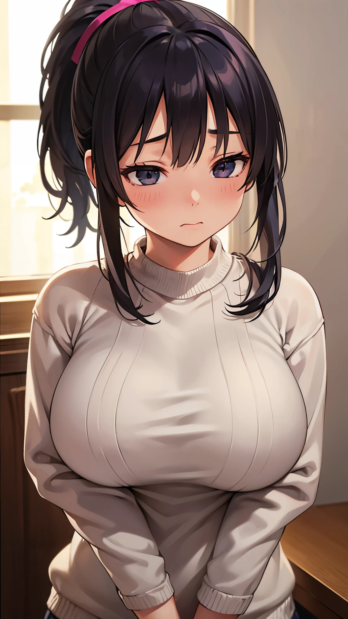 Random pose、highest quality、超A high resolution、(Photorealistic:1.5)、1 girl、sweater、(ponytail:1.2)、(???????????:1.2)、room、View your viewers、Close-up、Whole Body Ezbian、Bad Eyes、Embarrassed face
