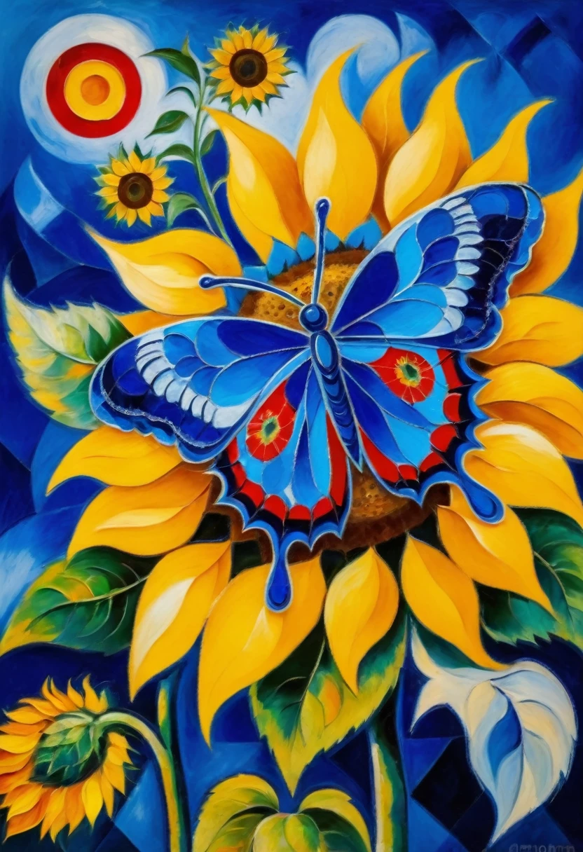 A blue butterfly sits on a sunflower ((Marc Chagall style)), magic naive art, primitivism, protogen, ((best quality, Masterpiece)),
((((Highest detail), Impressionism:1,1, 8k