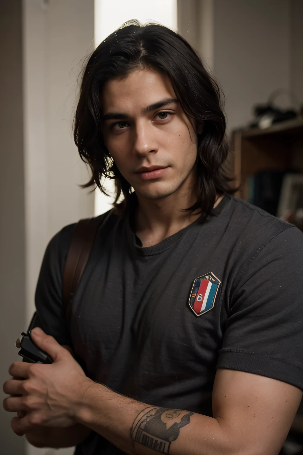 An Italian very handsome medium-length black hair man, a WW II solider with a sniper rifle 28 yo, athletic, with a tattoo on left arm