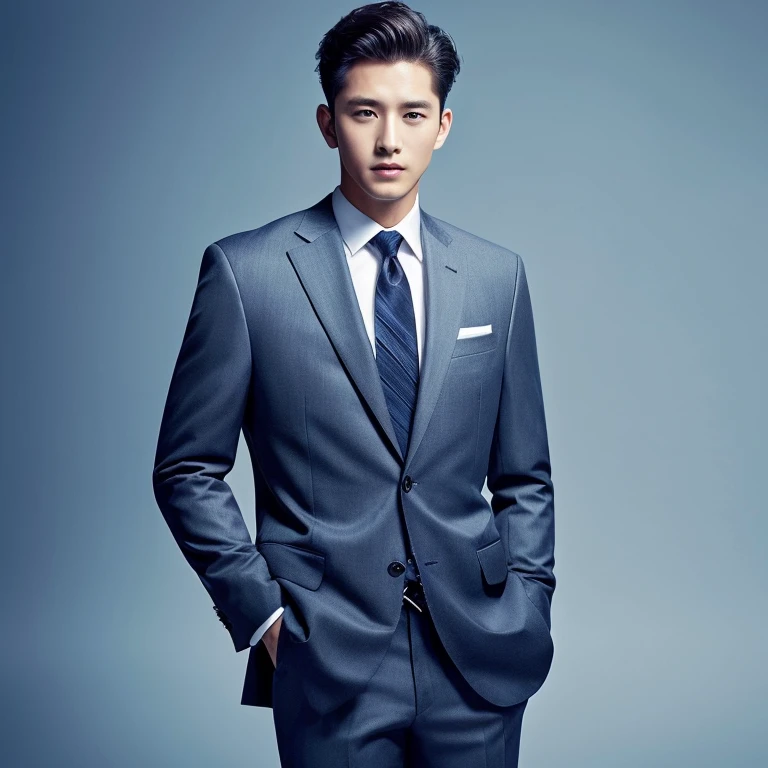 handsome president 30th generation Wearing a suit Luxury Suits Navy Blue Suit short hair A man who looks strong Cool guy Office Background Only the upper body is shown Look forward High resolution Picturesque images