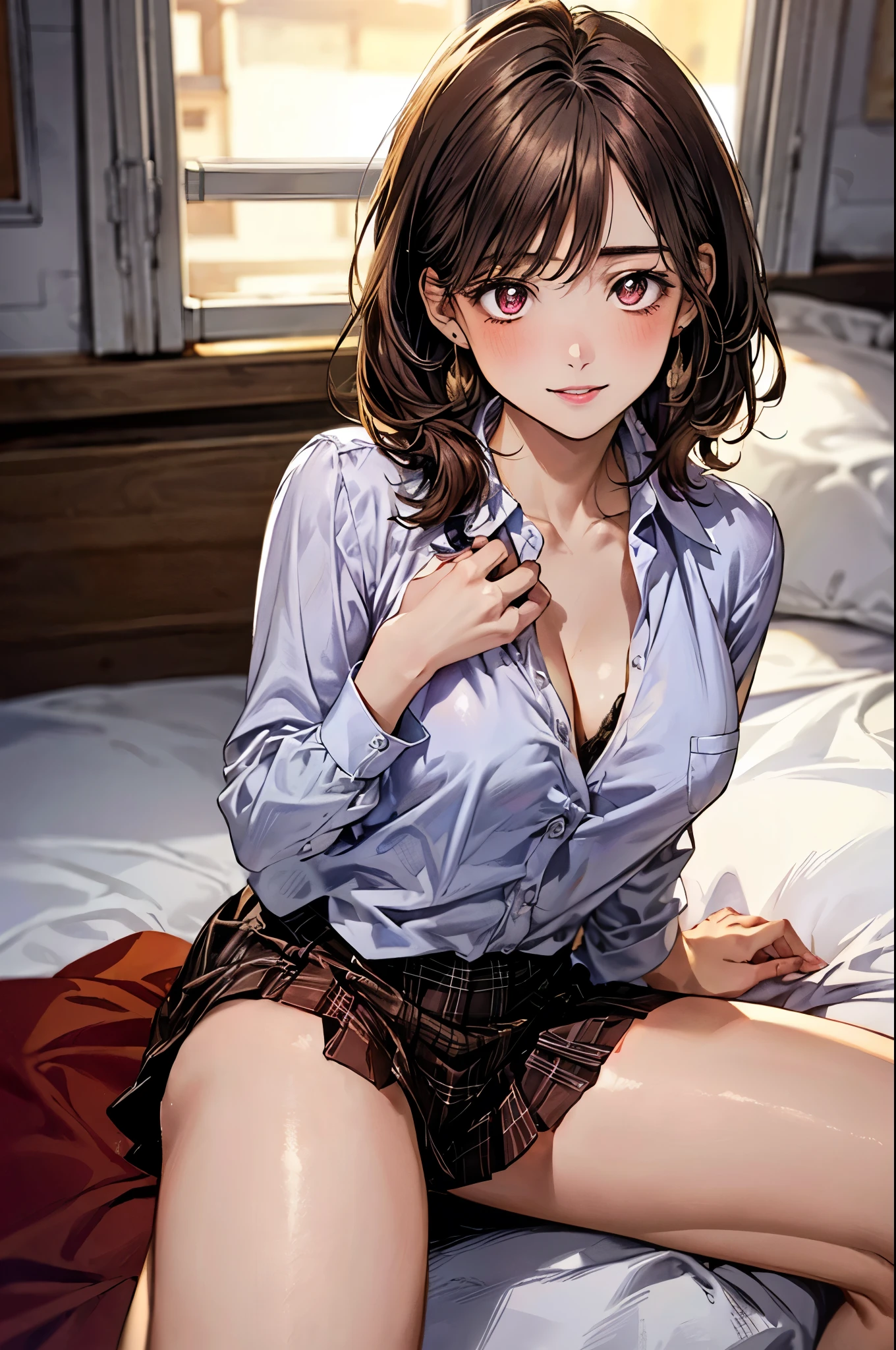 (masterpiece:1.3, top-quality, ultra high resolution, ultra detailed), (realistic, photorealistic:1.4), beautiful illustration, perfect lighting, natural lighting, depth of fields, portrait, 
beautiful detailed hair, beautiful detailed face, beautiful detailed eyes, beautiful clavicle, beautiful body, beautiful chest, beautiful thigh, beautiful legs, beautiful hands, 
looking at viewer, (face focus, upperbody), 1 girl, high school girl, (perfect anatomy, anatomically correct), cute and symmetrical face, babyface, perfect face, perfect eyes, super detailed skin, 
(short hair, low ponytail:1,2, mahogany brown hair), crossed bangs, gold eyes, long eye lasher, (medium breasts, juicy thighs, attractive thighs, cleavage:1.0), 
((detailed cloth texture, long sleeves white collared shirt, violet plaid micro mini skirt, ), dark brown hair chouchou, finest underwear), 
(beautiful scenery), evening, (girl's room, bed), (lying, hands on chest), (seductive smile, upper eyes, parted lips), 