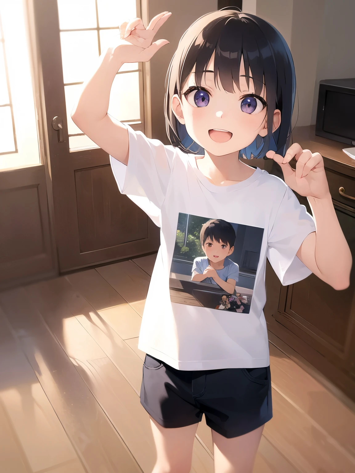 arms up、、masterpiece、highest quality、 (Short hair with brown bangs) and (Purple eyes) and (5 year old boy:1.5)、Boy, (white) and (T-Shirts)、smile、open mouth, Are standing、The background is the living room、The upper body is shown、Alone、