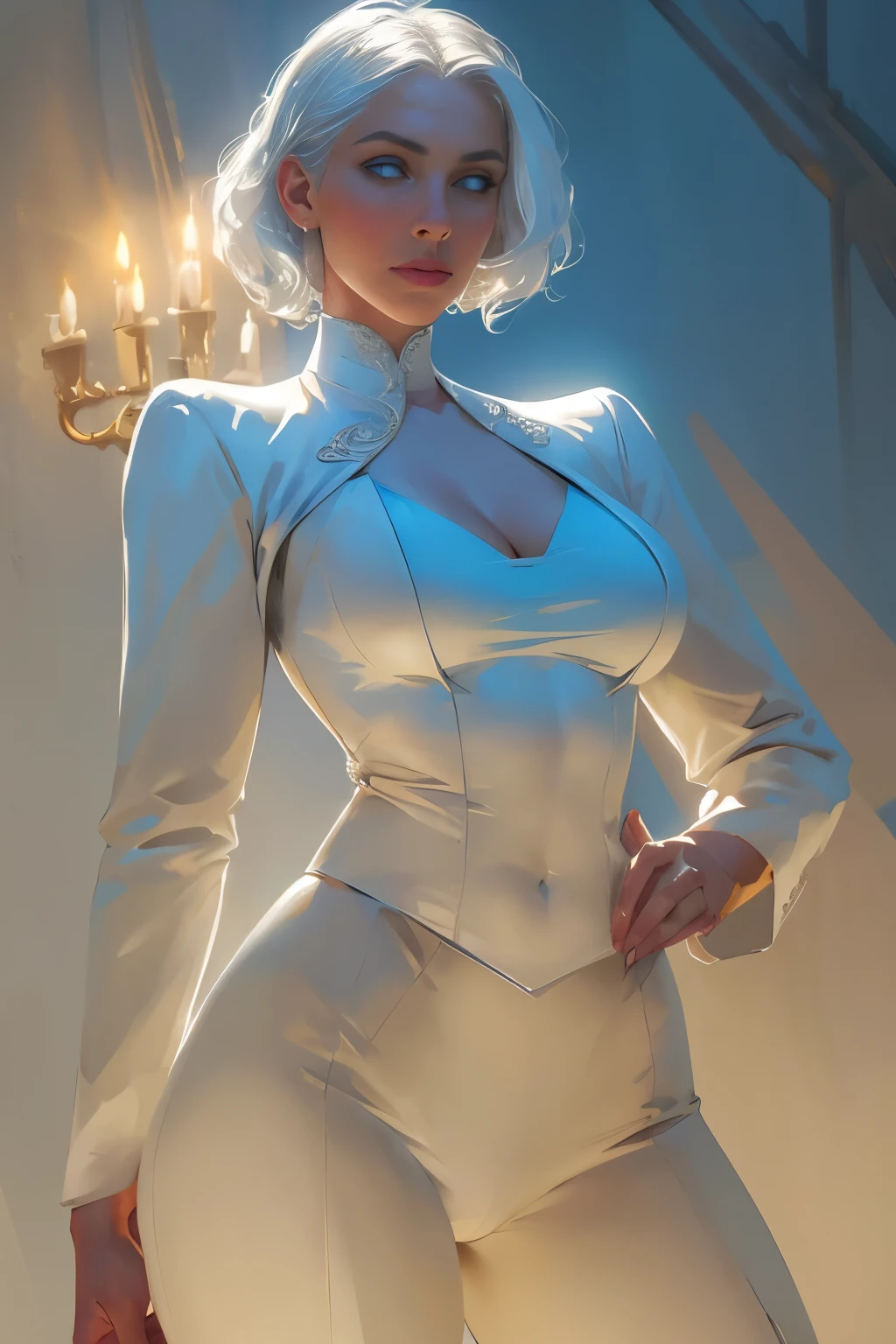 Neon, Retro, ung woman, elegant woman, wavy hair, white hair, short haircut, elegant two-piece suit, jacket and trousers, light clothes, expressive breasts, light background, slender body, white and red details, human woman, blue eyes, slender body, elegant imposing pose, many details, elegant suit, red shirt, handsome, looks like Daenerys, HD