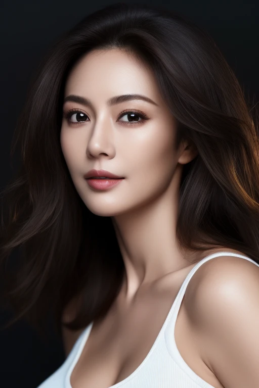 bewitching、Alluring、suspicious、Fleshy、Ultra-high resolution, masterpiece, highest quality, perfect glowing skin, Perfect lighting, Detailed lighting, Muscular Japanese middle-aged woman, 55 years old、, White lightweight tank top, Looking at the camera, Off the shoulder, Brown wavy hair with highlights、Big Breasts, Large exposed cleavage, Black double eyelids, Browsing Caution, ((Dark Background)), Sexy Face, Facial expressions when feeling happy,whole body、Loose skin